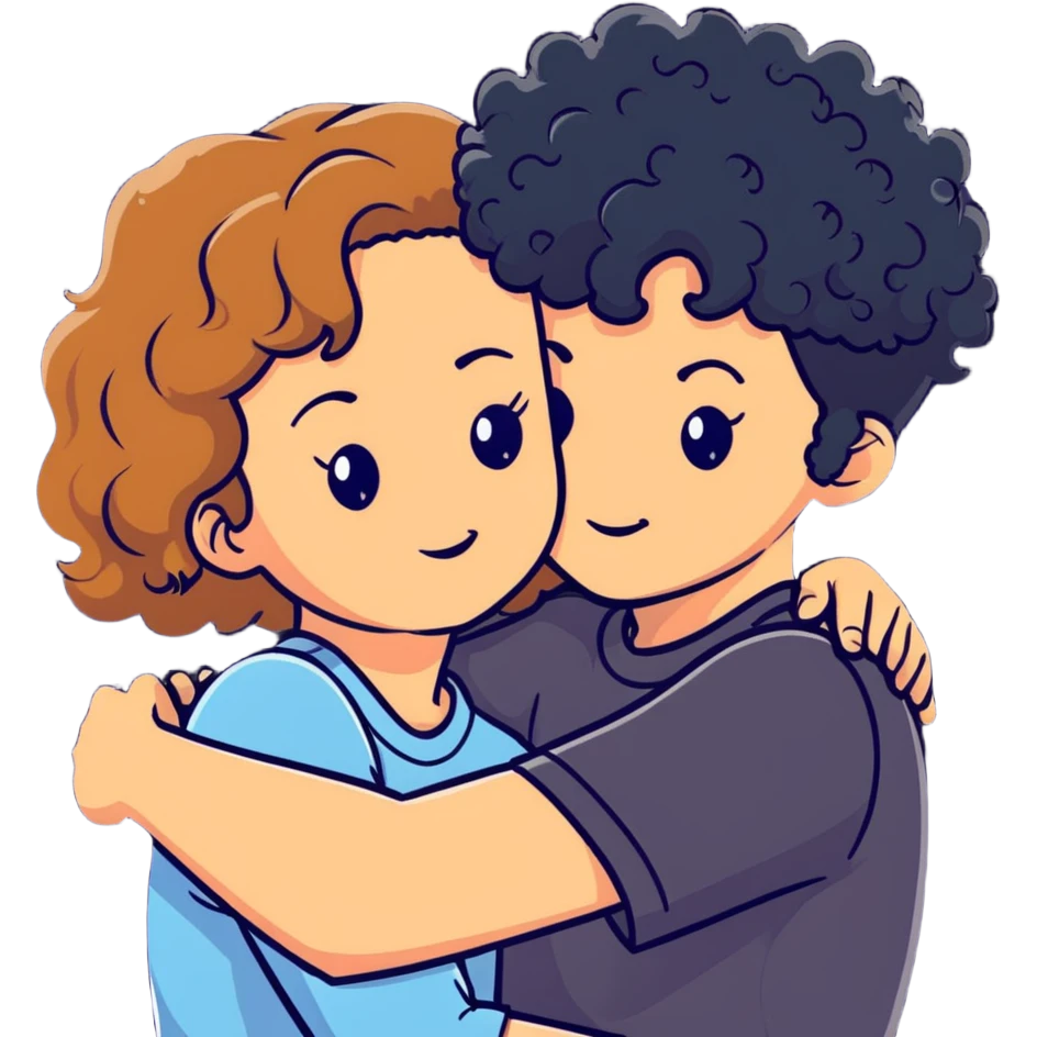 girl with long light brown hair and pale skin hugging a boy with short black curly hair and tanned skin emoji