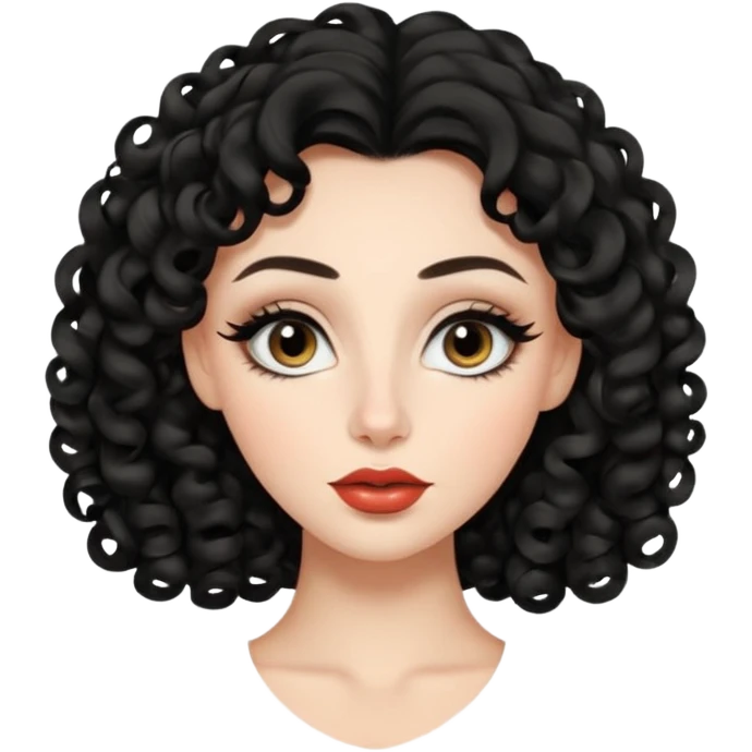 persona mujer con piel clara y rizos suaves color negro y largos  y sin volumen y con delineador en los ojos y con los labios medianos, ojos almendrados y nariz respringada emoji