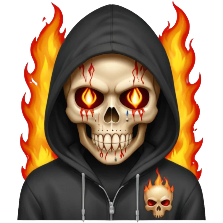 Bro I wanna skull with hoodie on the hoodie has to be on fire and I want matrix blood with the codes and weird numbers spilling out eyes and mouth almost give him a diamond grill in his mouth make it shinny where is the matrix symbols  emoji