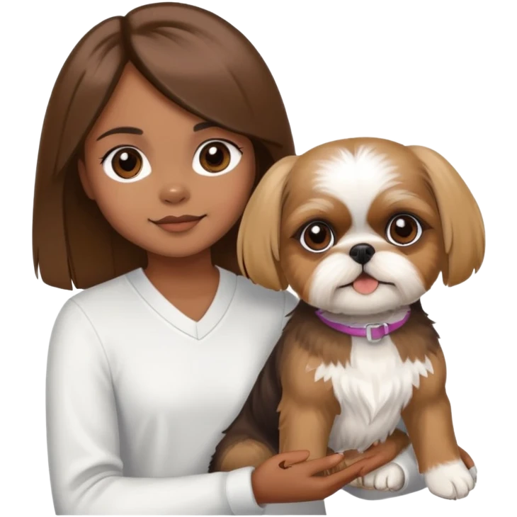 A girl with brown hair and brown eyes with straight hair holding a cute brown and a little blonde shih tzu  emoji