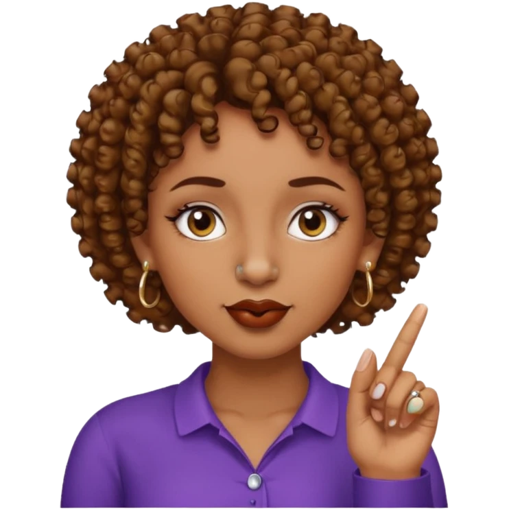 faça uma mulher com o cabelo curtinho cacheado com piercing no nariz e brincos e o dedo indicador no canto da boca morena, faça igual a segunda foto só que com o dedo na  boca mesmo  emoji