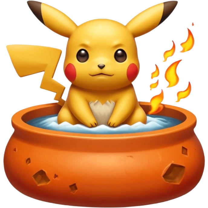 Un Pikachu rouge qui et triste avec des éclairs en fond et il a fait caca et pipi dans un pot orange et une montagne derrière  emoji