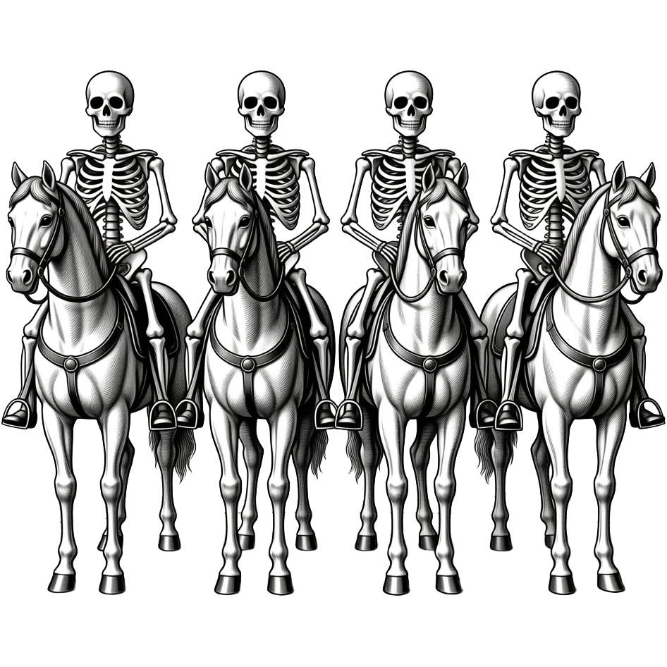 cinematic realistic - four riders of the Apocalypse, after a graphic by Albrecht Dürer in a desolate landscape on horse skeletons emoji