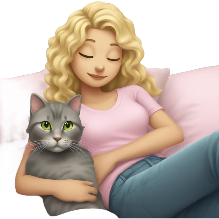 Grey cat with a blonde girl with curly hair and green eyes in light pink shirt relaxing on a bed emoji