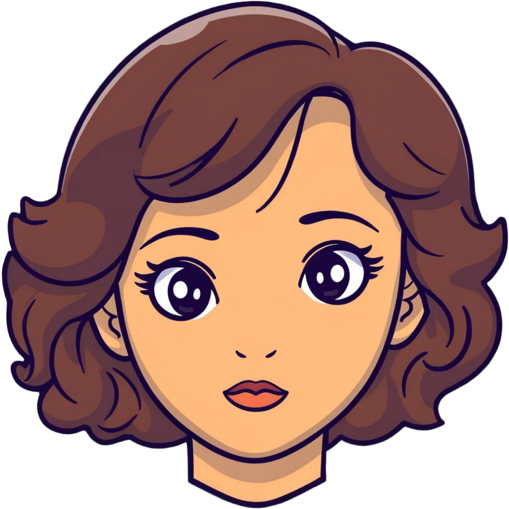 woman face with big eyes, medium skin tone, and dark wavy hair emoji