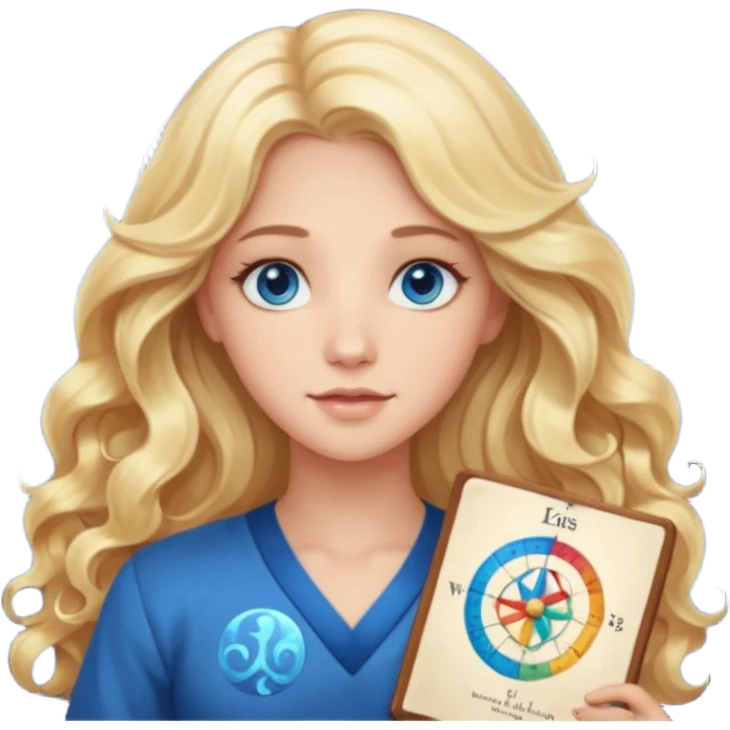 A long wavy haired blonde girl with blue eyes holding a astrology natal chart. emoji