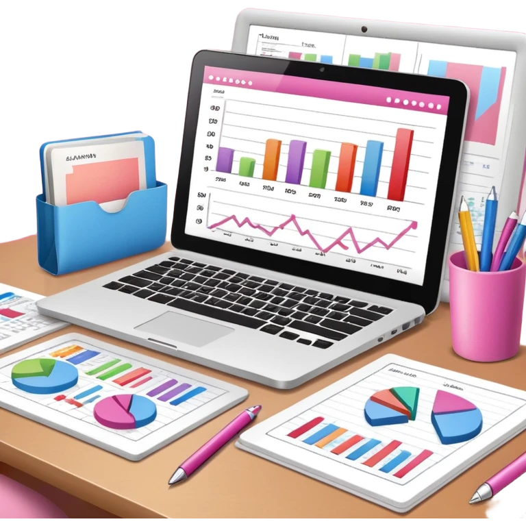 computer on a desk with papers, notes, notebook and pens showing data analysis stuff on it pink emoji