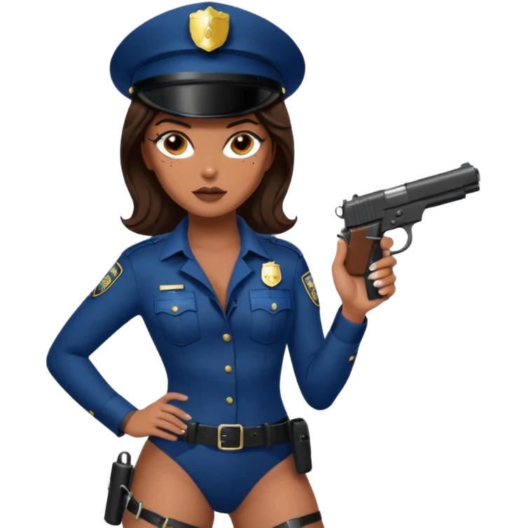 A sexy girl. with caramel skin. Dark brown hair and brown eyes. She has freckles. Wearing sexy makeup. Dressed as a sexy cop. wearing lingerie. Wearing heels. Holding a gun emoji