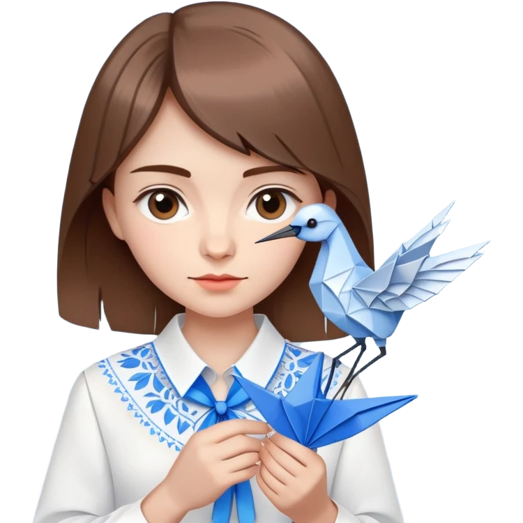 A Ukrainian young girl with brown hair wearing a white embroidered shirt holds an origami blue crane emoji