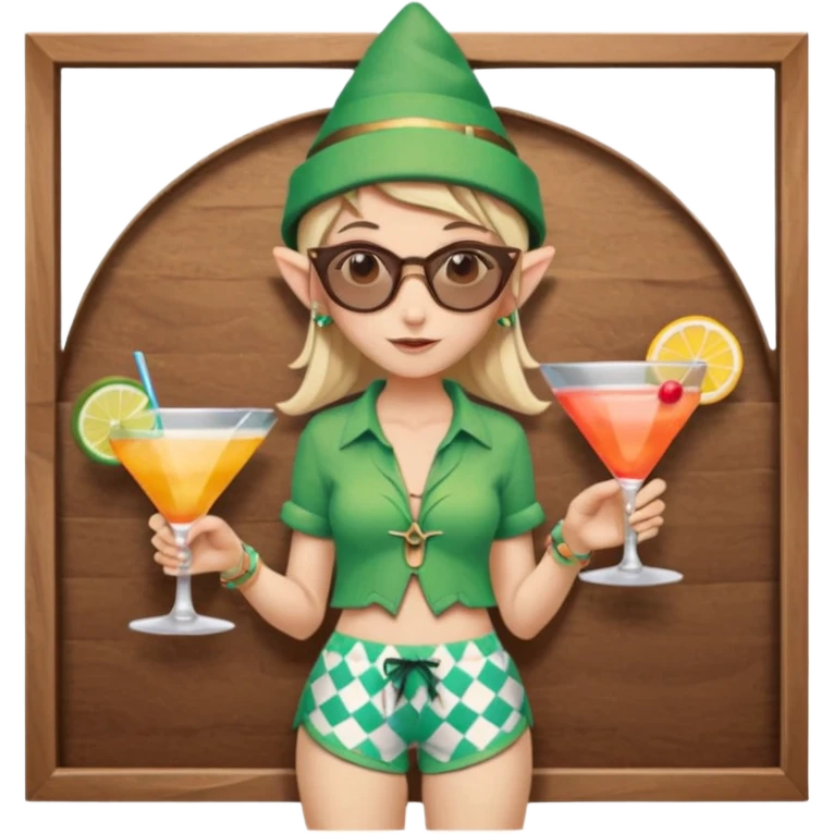 elf female legolas portrait, patterned board shorts (geometric/abstract), unique wooden-framed sunglasses, undercut hairstyle, slight smirk, visible pointy ears, no background, centered emoji, hipster summer vibe coctails with summer hat emoji