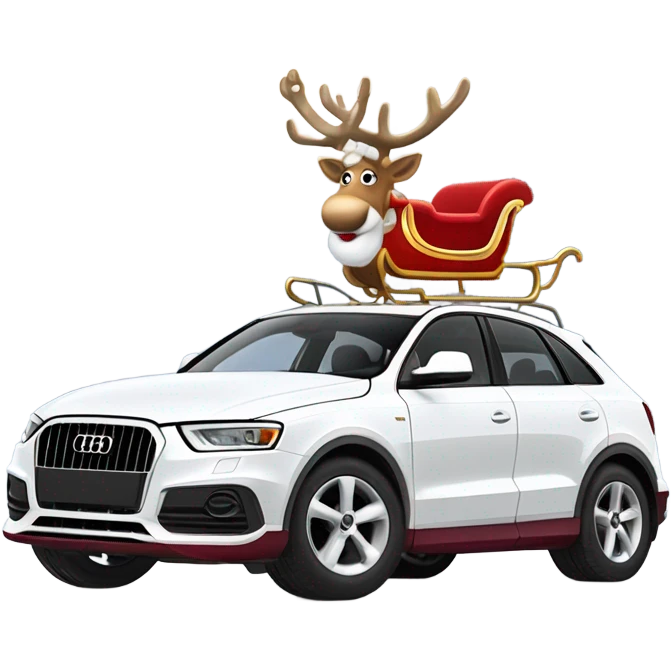 A white Audi Q3 as Santa Claus’s modern sleigh, harnessed to a reindeer with a red bridle and golden bells, set in a snowy winter scene. emoji