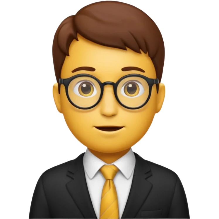 emoji character with the classic nerd emoji head (yellow round face, large brown glasses, buck teeth, freckles). The body is human-like, dressed in an elegant black suit with a tie, in a thoughtful and philosophical pose —  emoji