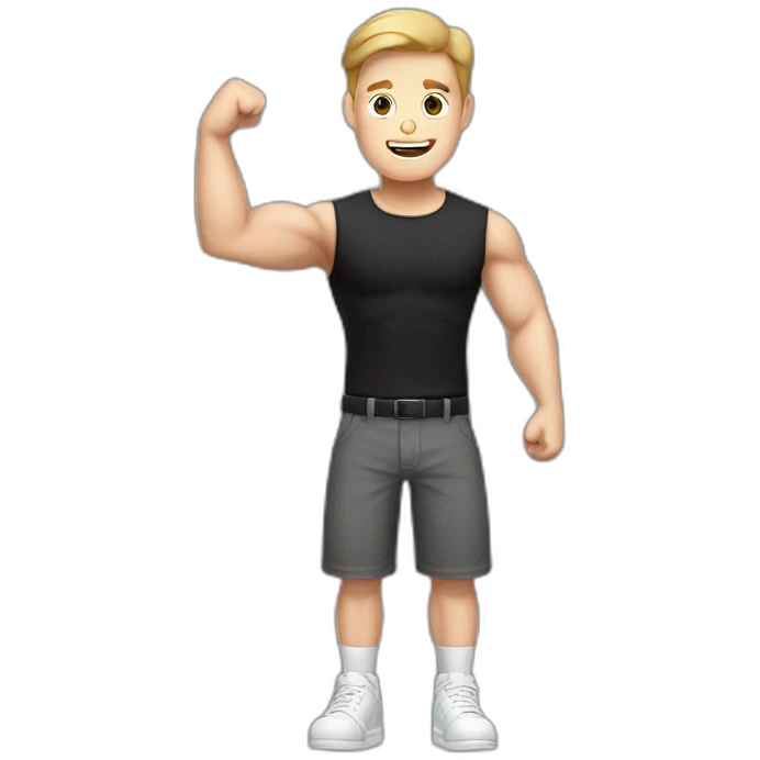 To belt Actively gesturing with hands Pale skinned Fit Man With the biceps and light brown hair in black shirt, gray sports shorts and white Sneakers emoji