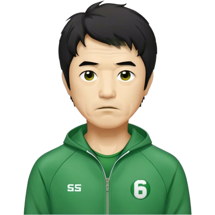 Seong Gi-hun : age 60, small mouth, slim man with messy, unkempt black hair, Green player tracksuit,  emoji