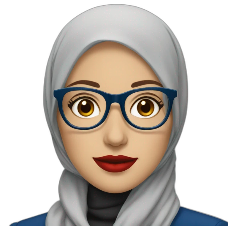 Hijabi white woman with glasses and brown eyes wearing a blue suit and red lipstick emoji