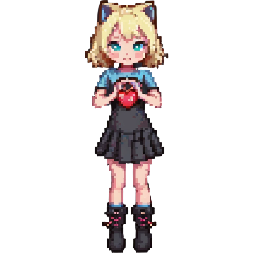 girl in a short dress with gogo boots, blond hair, cut-out heart in the dress, yoga cat pose emoji