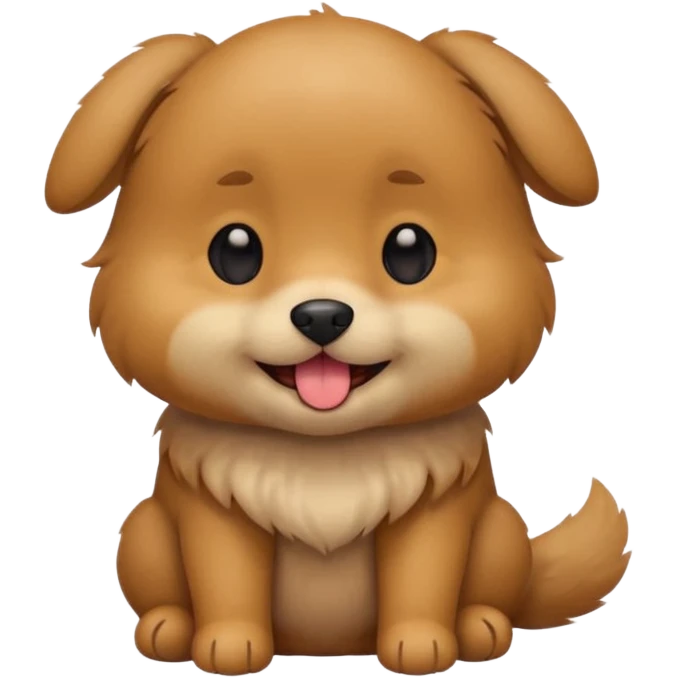 Cute small brown fluffy dog emoji icon. Round face, short muzzle, light brown fur with slightly darker ears, small black nose, happy smiling expression with tongue out. Soft friendly eyes, sitting pose with front paws together. Simple clean vector style, minimal details, kawaii style. emoji