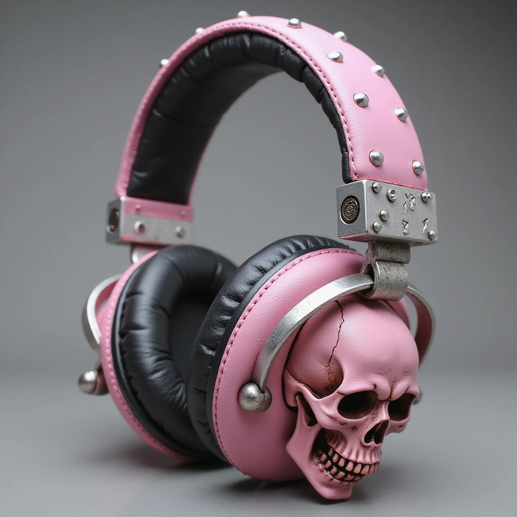 realistic pink gothic headphones with sculpted skulls, leather texture, and silver studs, photorealistic style emoji
