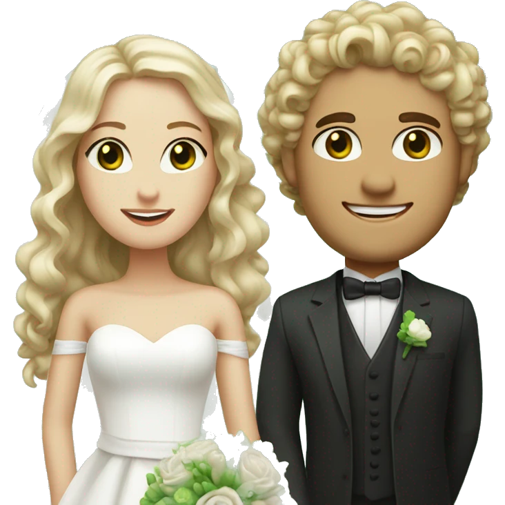 Bride with curly blonde hair and green eyes and white skin and groom with brown hair and green eyes and white skin emoji
