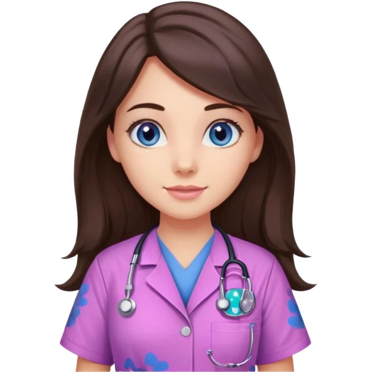 pretty brunette nurse with long hair and blue eyes in pink and purple dinosaur pattern scrubs emoji