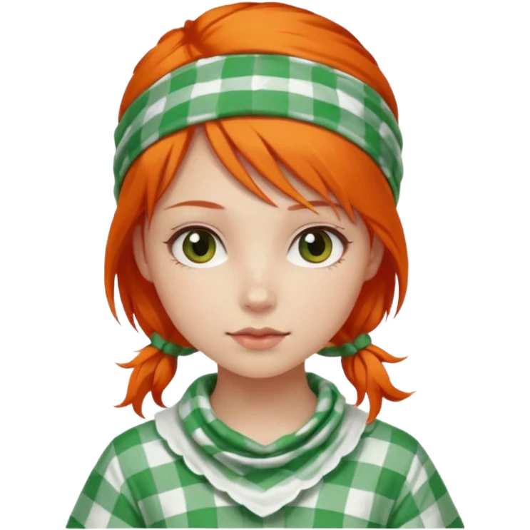girl orange hair, wear red and white checkered bandana, green dress emoji