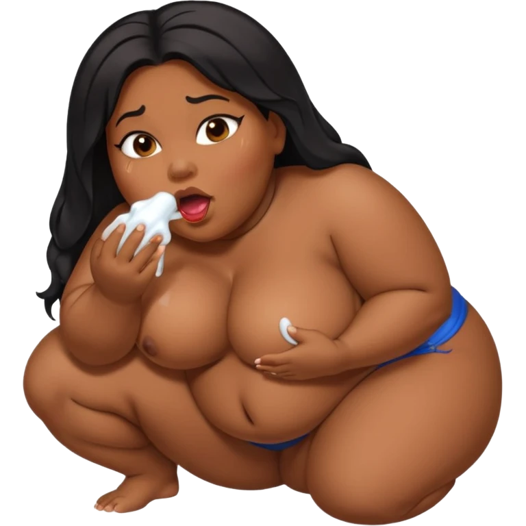 A thick, veiny BBC stretches a sexy black BBW’s plump lips wide. She’s on her knees, cheeks hollow, drooling as she deepthroats. He explodes—hot cum floods her mouth, spilling in thick white ropes down her chin and dripping onto her pale, heaving tits
 emoji