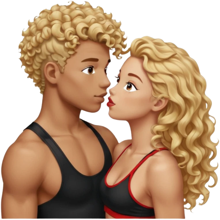 athletic man, high top fade, blonde curly hair only top only, no shirt and Athletic girl with long wavy red hair and black sports bra, Put them together kissing, or holding hands emoji