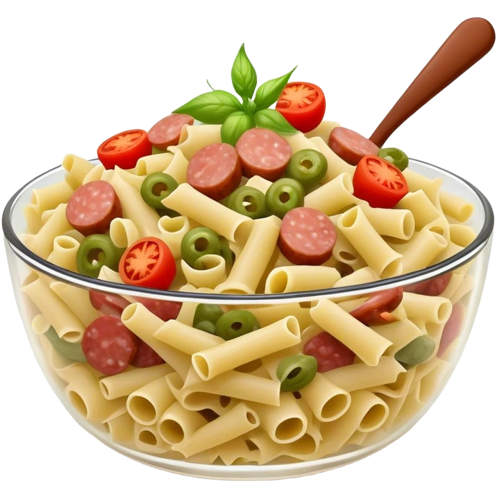 curly Pasta salad with chopped sausage, chopped gherkins, chopped cocktail tomatoes and mayonnaise  emoji