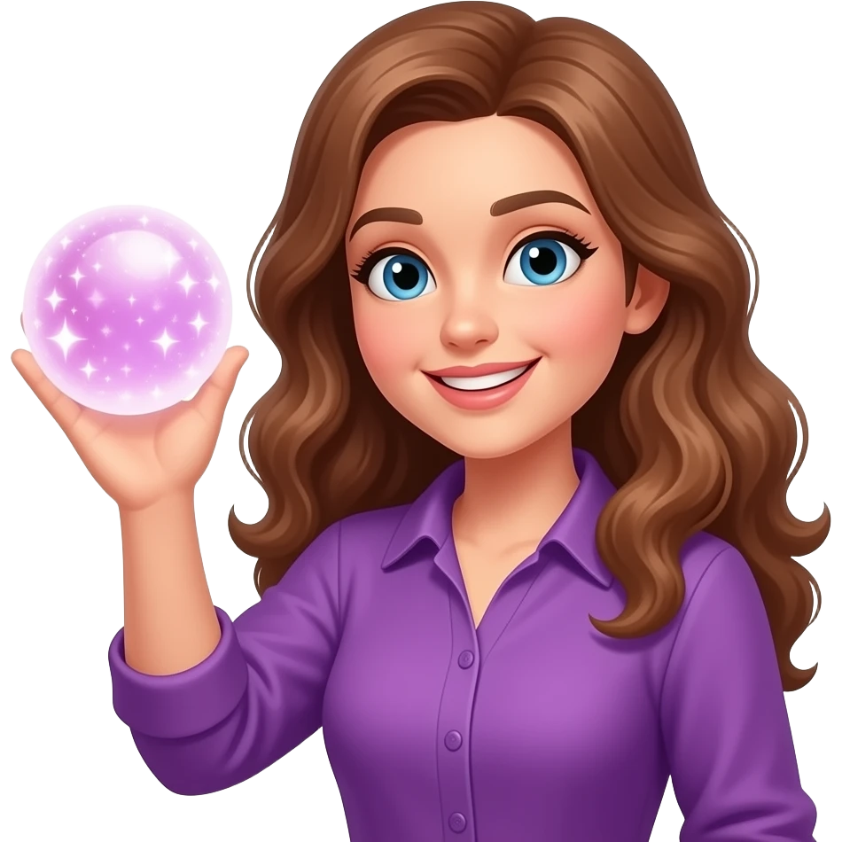 Женщина машет привет с волшембнвм шаром в руке, в фиолетовой одежде emoji
