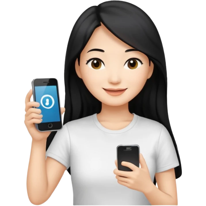 페르소나 요약 : 휴대폰을 보고 즐거워하는 여자, 40대의 편안한 차림(티셔츠)을 입은 장발의 아시아 여성이 한손으로만 휴대폰을 쥐고, 화면을 보면서 미소를 짓고 있어요. 시선은 휴대폰 화면으로 향하고 있어요. emoji