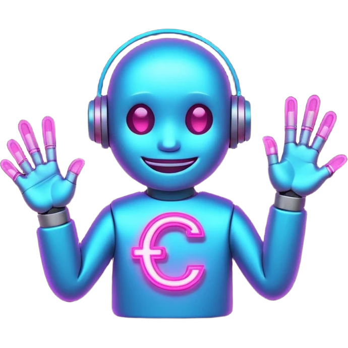 Tiny smiling cyber creature made of neon lines, holding a small glowing C symbol, with little sparks around it. emoji