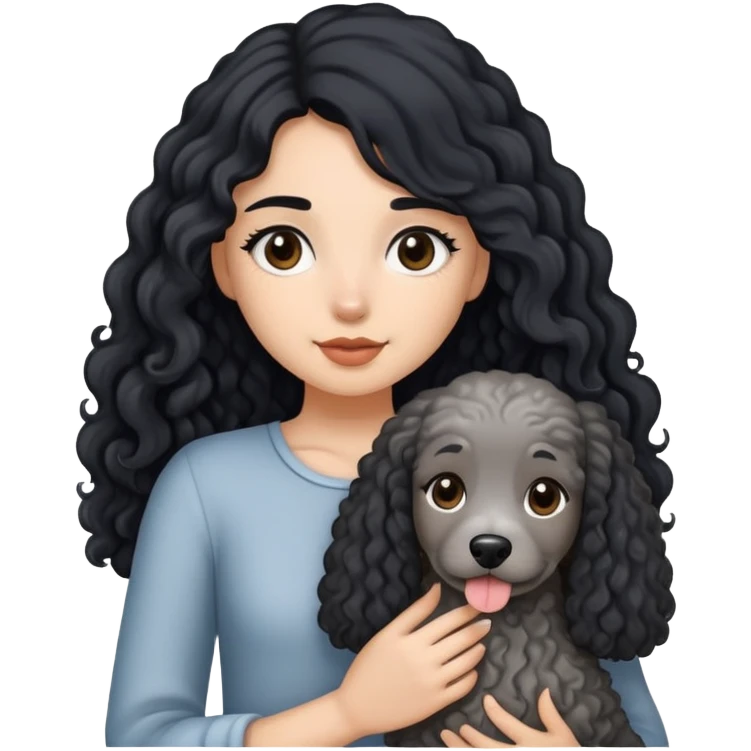 A girl with long black hair holding a gray curly dog emoji