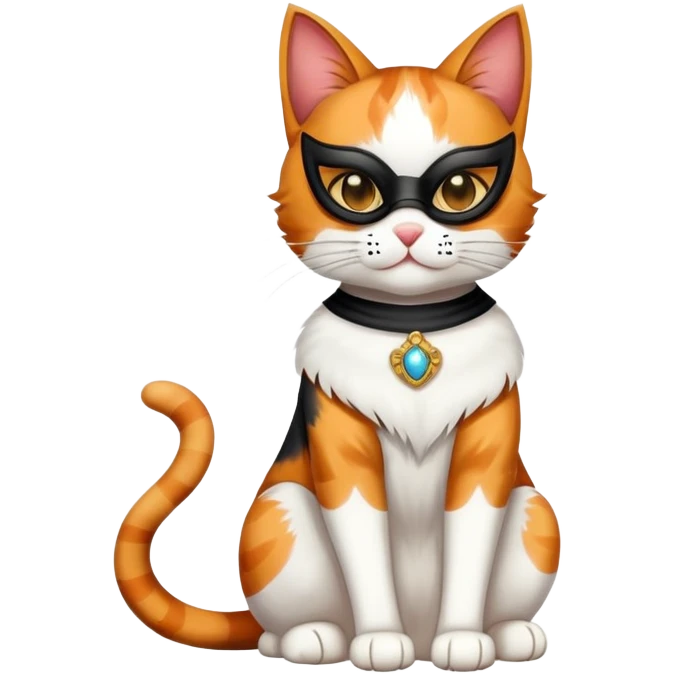 calico cat full body sitting with a mask emoji