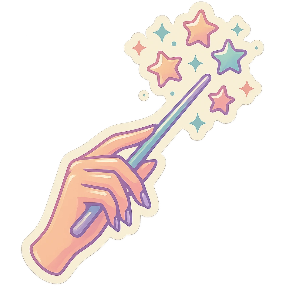 Elegant female hand with almond-shaped nails holding a magic wand, stars flying out of the wand, retro stickers style, thin clean contours, soft rounded shapes, pastel palette #98B5BC, #B5B3C1, #C9A3C9, #E4C0CA, #F7DCD1, #F7C0AA, detailed shadows and highlights, soft lighting, transparent background, no decorative elements emoji