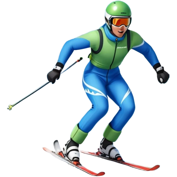 An icon featuring snowy peaks, pine trees, and a picturesque mountain landscape with a skier racing down a snow-covered slope, The sky is blue with soft clouds, capturing the thrill and beauty of alpine skiing. Transparent background highlights the excitement and serenity of winter sports. emoji