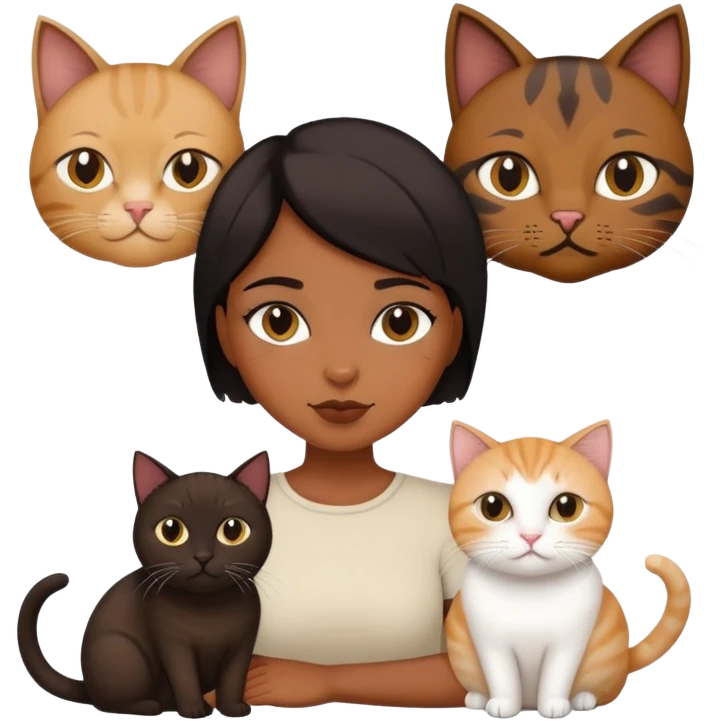 a brown girl with short black hair with two cats, a fat brown cat and a skinny white and beige cat emoji