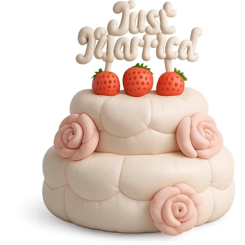 white wedding cake with strawberries, pink roses, 'Just Married' topper, cushion style emoji