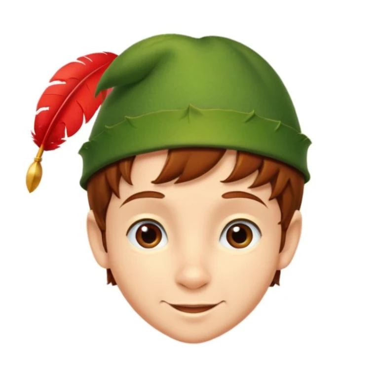 Peter Pan's head, classic green hat with red feather, youthful face, mischievous smile, short brown hair emoji