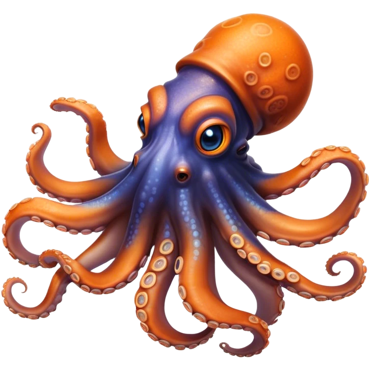 Cinematic Realistic Noble Octopus Portrait Emoji, Poised and majestic, with a sinuous, flowing body in vivid orange accented by intricately detailed blue rings, and intelligent, penetrating eyes that reflect ancient ocean lore; rendered with lifelike texture and natural iridescence, high shine, intelligent and formidable, styled with an aura of mystical marine power, focused and attentive, soft glowing outline, capturing the essence of a watchful and confident octopus that appears ready to glide out of the screen with timeless authority! emoji