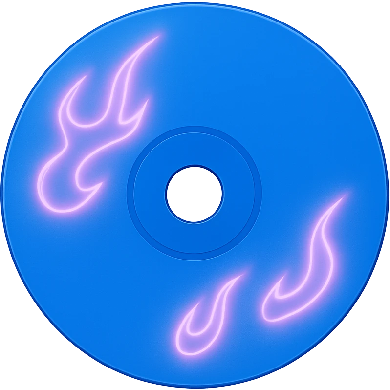 A minimalist CD disc with subtle pink flames, glowing effect, variation 2, color: blue emoji