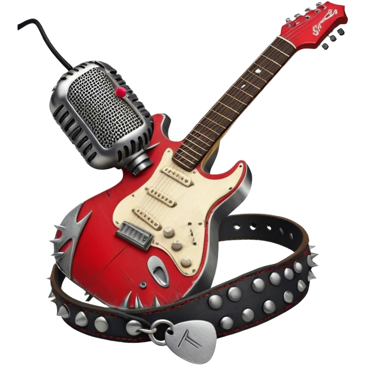 Create a powerful and dynamic humanless emoji representing rock vocals. The design should feature a classic vintage microphone with a rugged, distressed look, surrounded by elements like a guitar pick, electric guitar neck, and sound waves to reflect the raw energy of rock music. Add subtle details such as a spiked bracelet, leather textures, or bold lightning bolts to evoke the rebellious and intense spirit of rock. Use dark, edgy colors like black, red, silver, and metallic accents to emphasize the fierce, loud, and passionate nature of rock vocals. The background should be transparent. emoji