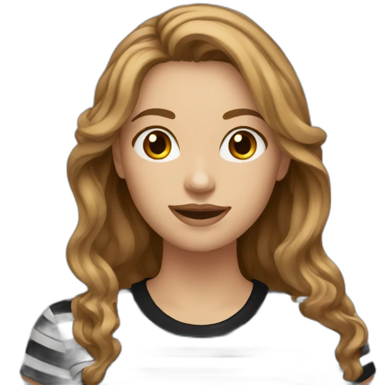 woman with long wavy light brown hair wearing black stripy t-shirt emoji