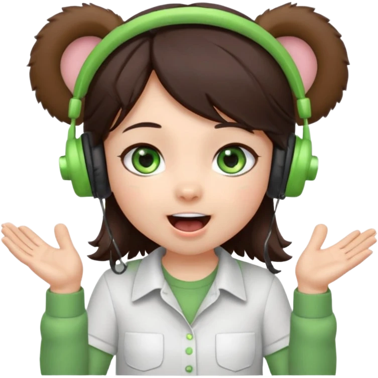 Chibi girl, dark brown hair, green eyes, wearing a white shirt and small brown bear ears on a headset, with wide happy surprised eyes and mouth and clapping excitedly emoji