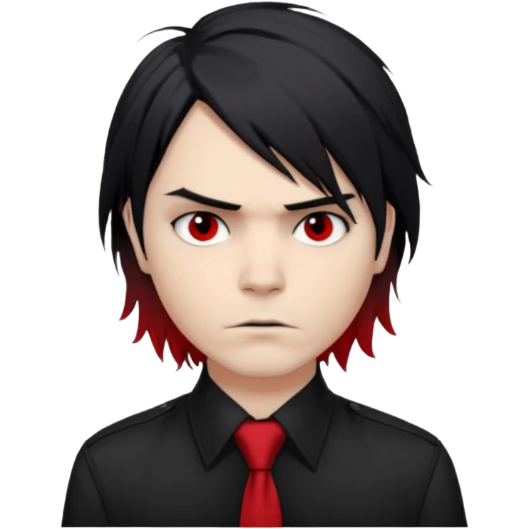 Gerard Way (Revenge Era)
Round, simplified emoji style
Pale skin tone
Jet-black, shoulder-length hair messy and emo
Heavy eyeliner and slight red shadow under the eyes
Subtle serious
Hint of red tie visible on black button up shirt.
Transparent background. Black eyeliner. Messy emo hair emoji
