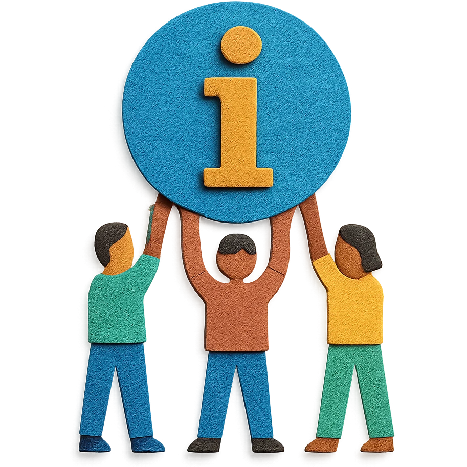 team holding up a large info icon together emoji