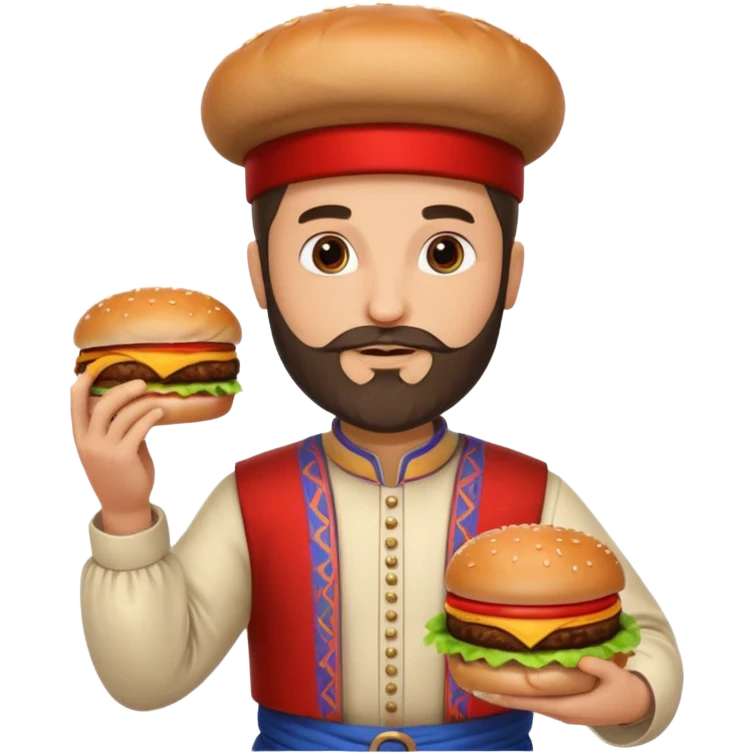 caucasian man with beard and armenian traditional costume, burger in one hand, coke in other emoji