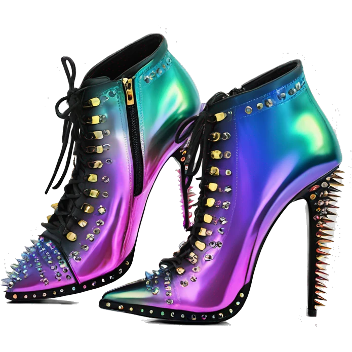 Realistic isolated top front view of a pair of Iridescent ombre studded spike heel ankle bootie boots.  emoji