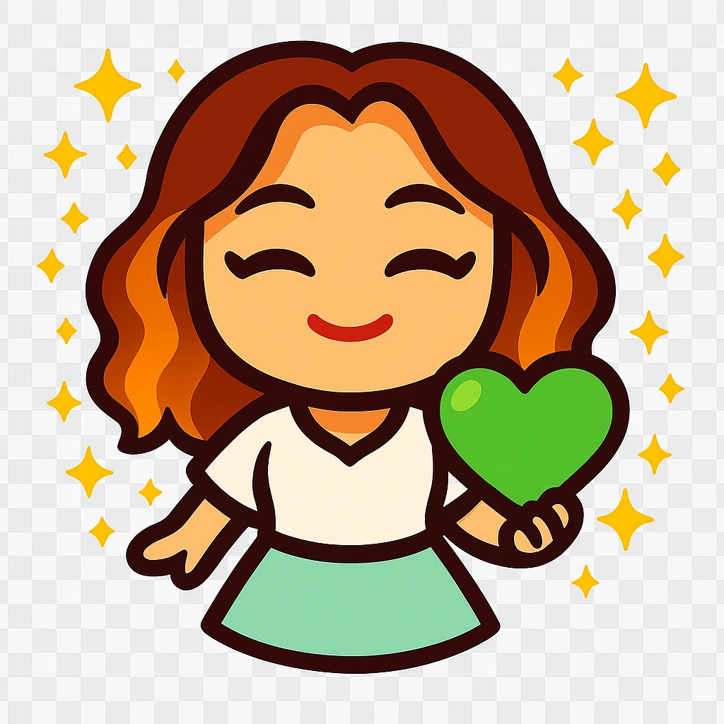 Update this chibi emote to remove the headband and change the outfit to a pastel green skirt and white blouse, holding a green love heart emoji