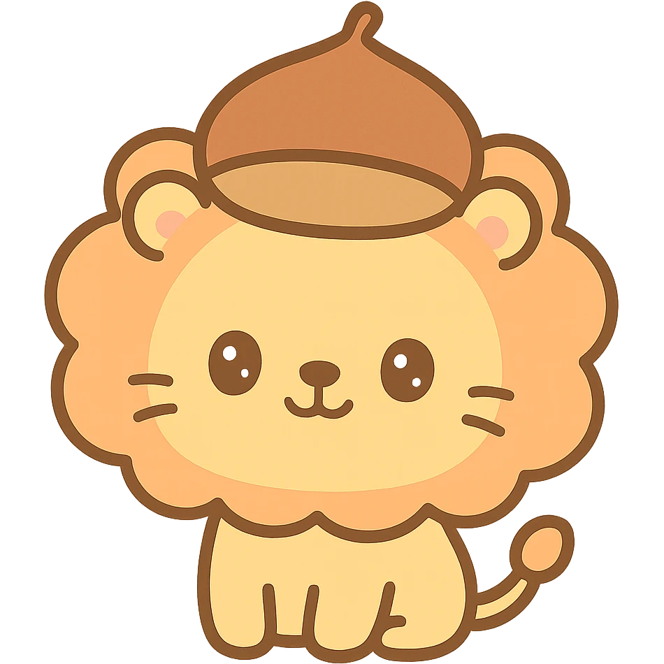 chibi style kawaii lion, round face, chestnut hat, soft pastel colors, warm smile emoji