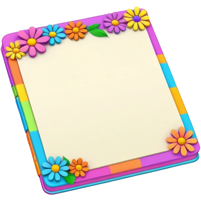 3D, psychedelic colored note pad with hippie style flower border emoji